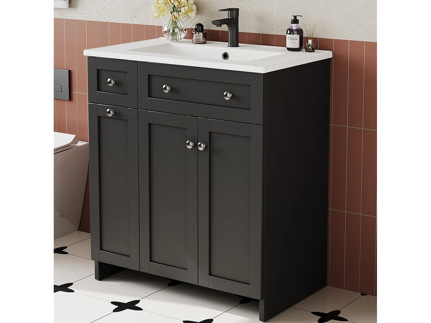 Meuble de salle de bain sous vasque avec lavabo en céramique, 3 tiroirs et 2 portes - MDF et céramique - 76 x 47 x 86 cm - Noir