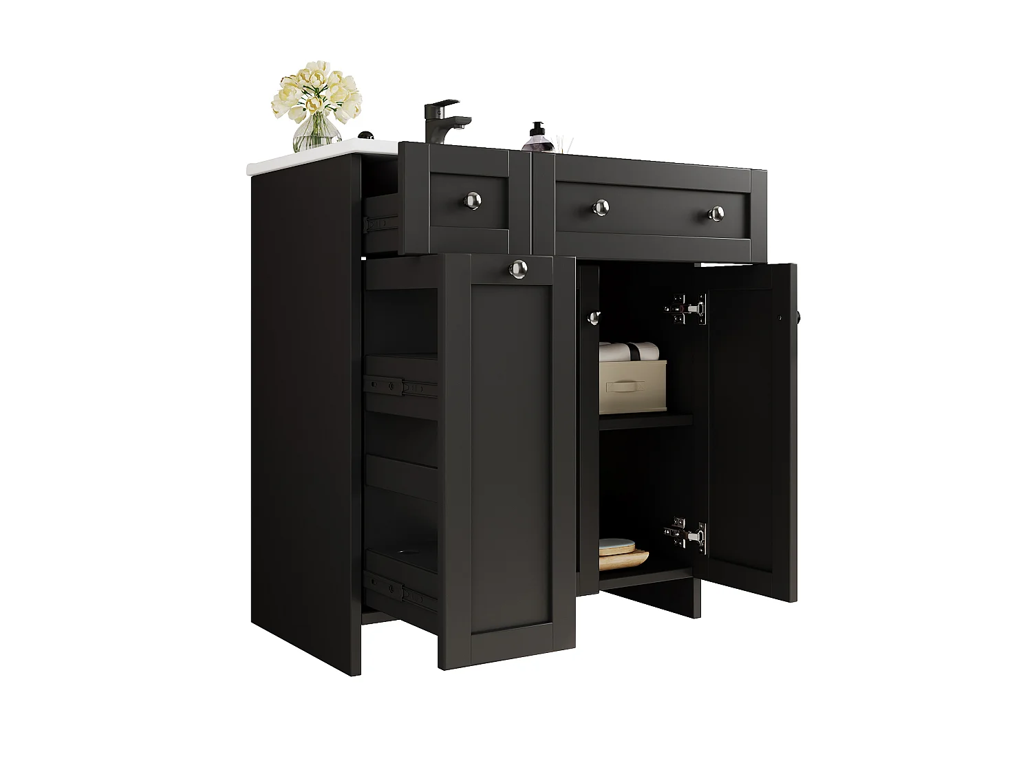 Meuble de salle de bain sous vasque avec lavabo en céramique, 3 tiroirs et 2 portes - MDF et céramique - 76 x 47 x 86 cm - Noir