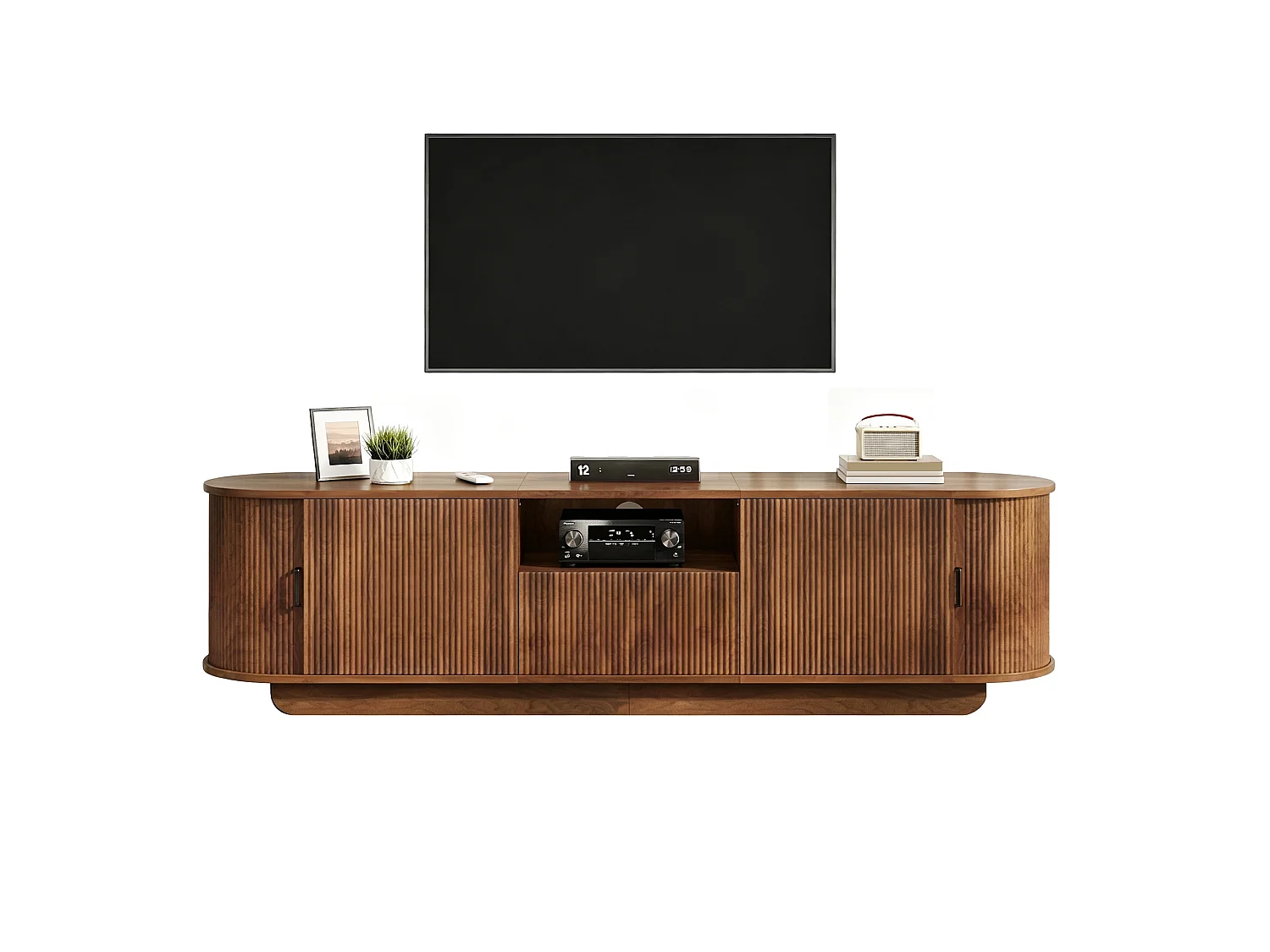 Meuble TV 180x40x50 cm avec portes coulissantes - 4 portes, 1 tiroir et étagères ouvertes - Structure ondulée 3D - Marron