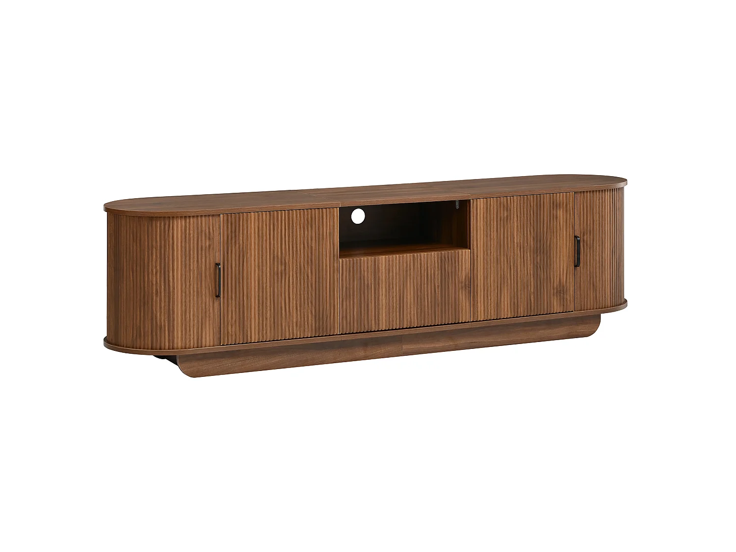 Meuble TV 180x40x50 cm avec portes coulissantes - 4 portes, 1 tiroir et étagères ouvertes - Structure ondulée 3D - Marron