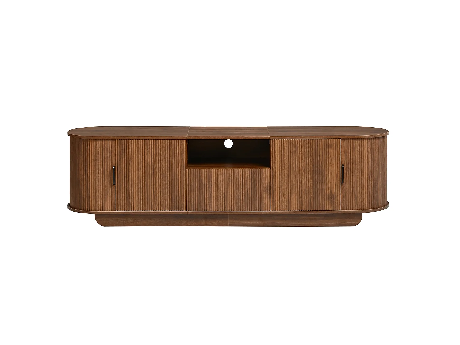 Meuble TV 180x40x50 cm avec portes coulissantes - 4 portes, 1 tiroir et étagères ouvertes - Structure ondulée 3D - Marron