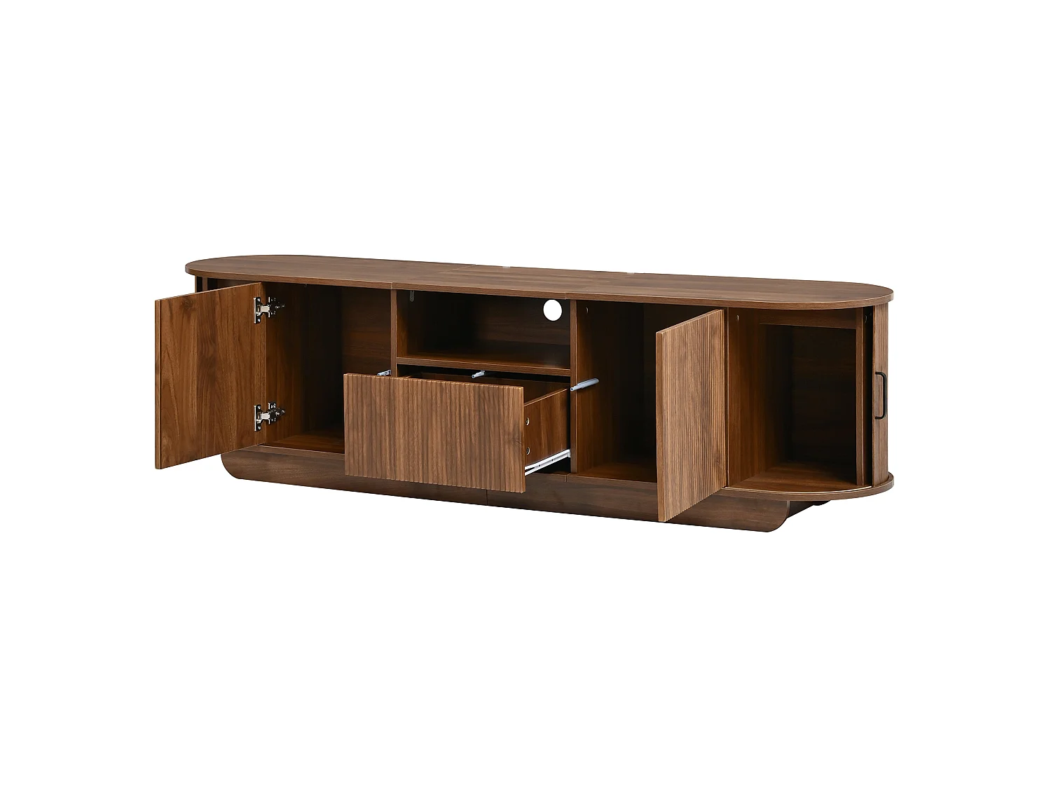 Meuble TV 180x40x50 cm avec portes coulissantes - 4 portes, 1 tiroir et étagères ouvertes - Structure ondulée 3D - Marron