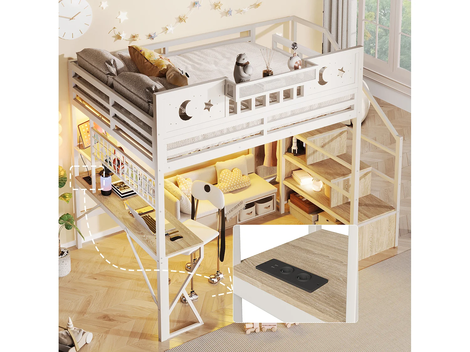Lit mezzanine 140 x 200 cm avec bureau, panneau perforé, étagères – Métal et MDF – LED + USB –  Blanc (Sans matelas)