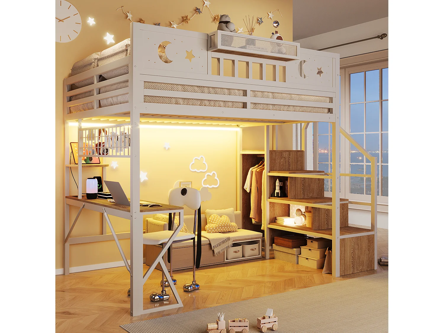 Lit mezzanine 140 x 200 cm avec bureau, panneau perforé, étagères – Métal et MDF – LED + USB –  Blanc (Sans matelas)
