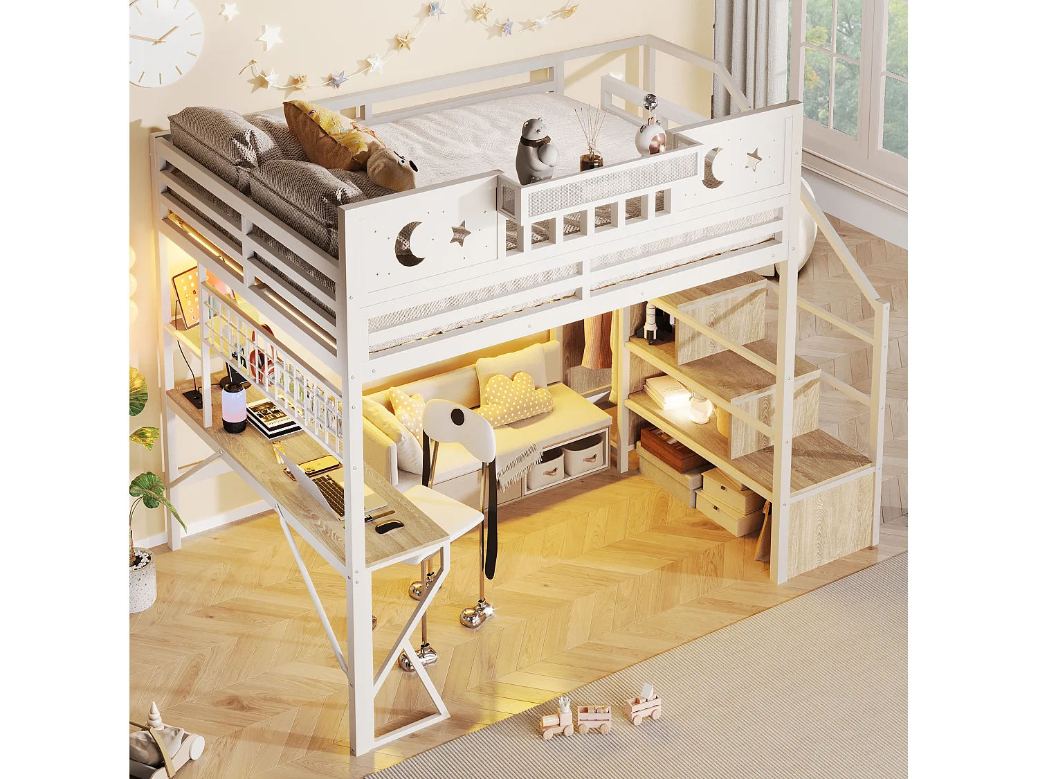 Lit mezzanine 140 x 200 cm avec bureau, panneau perforé, étagères – Métal et MDF – LED + USB –  Blanc (Sans matelas)