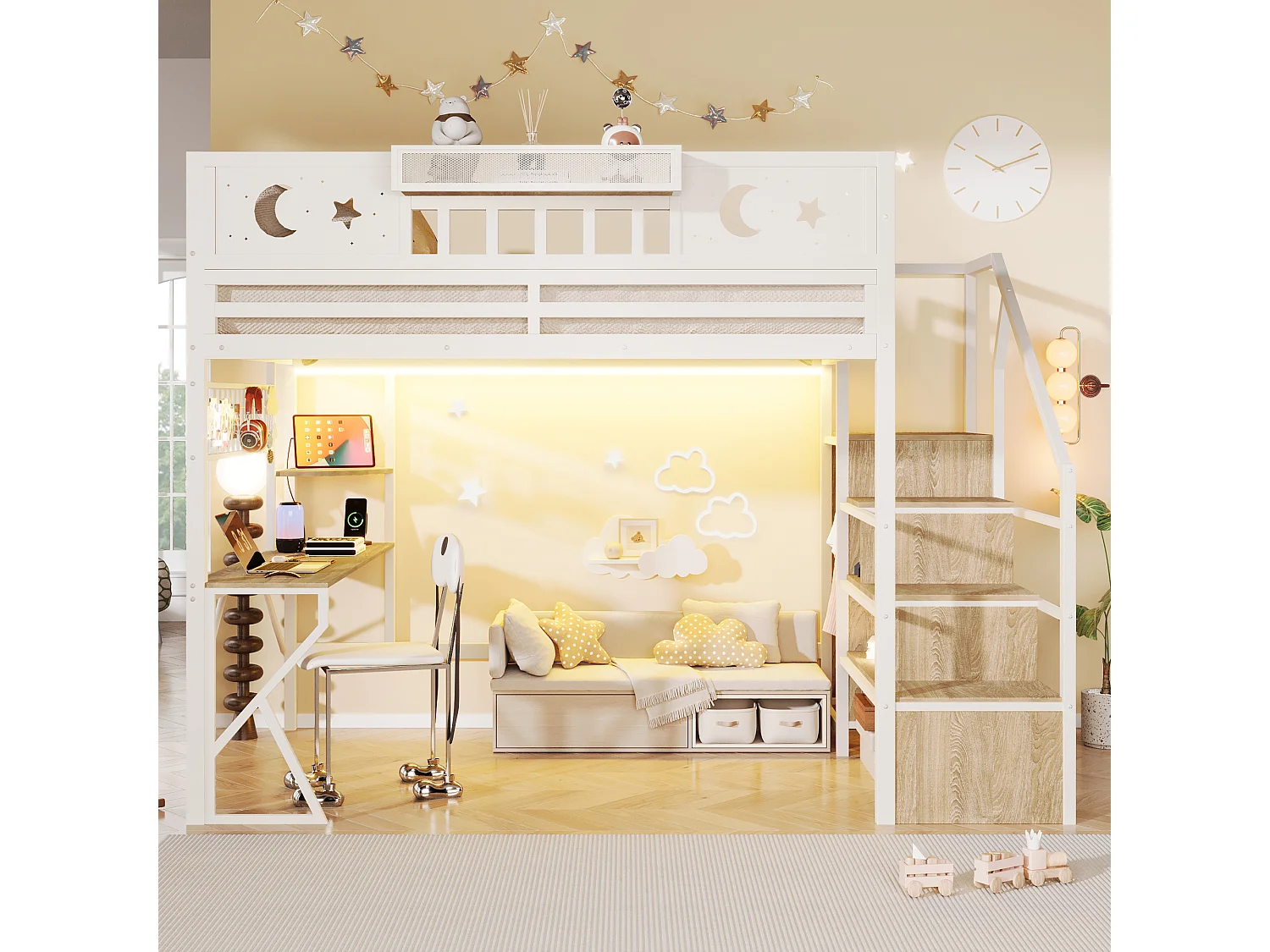 Lit mezzanine 140 x 200 cm avec bureau, panneau perforé, étagères – Métal et MDF – LED + USB –  Blanc (Sans matelas)