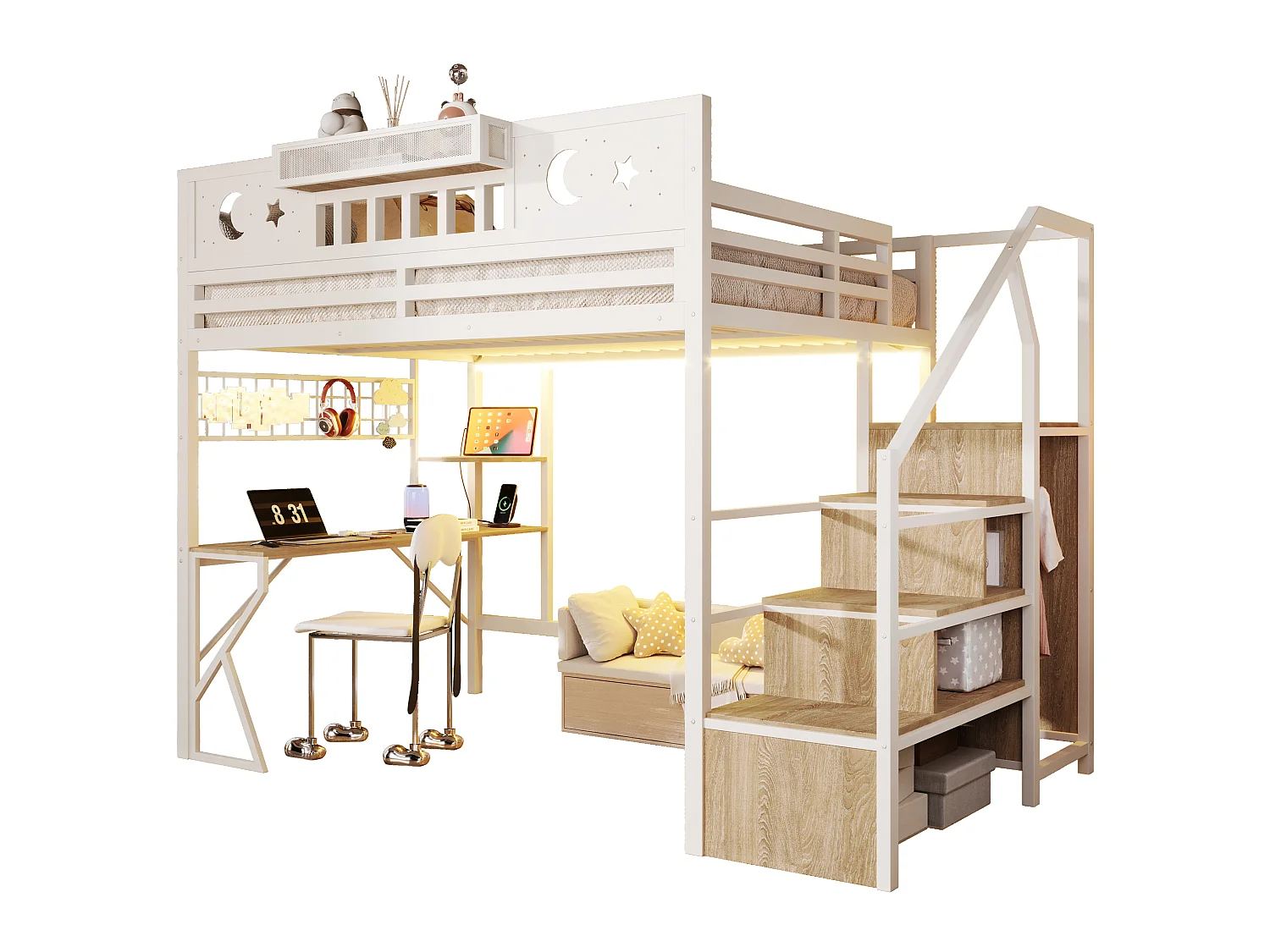 Lit mezzanine 140 x 200 cm avec bureau, panneau perforé, étagères – Métal et MDF – LED + USB –  Blanc (Sans matelas)