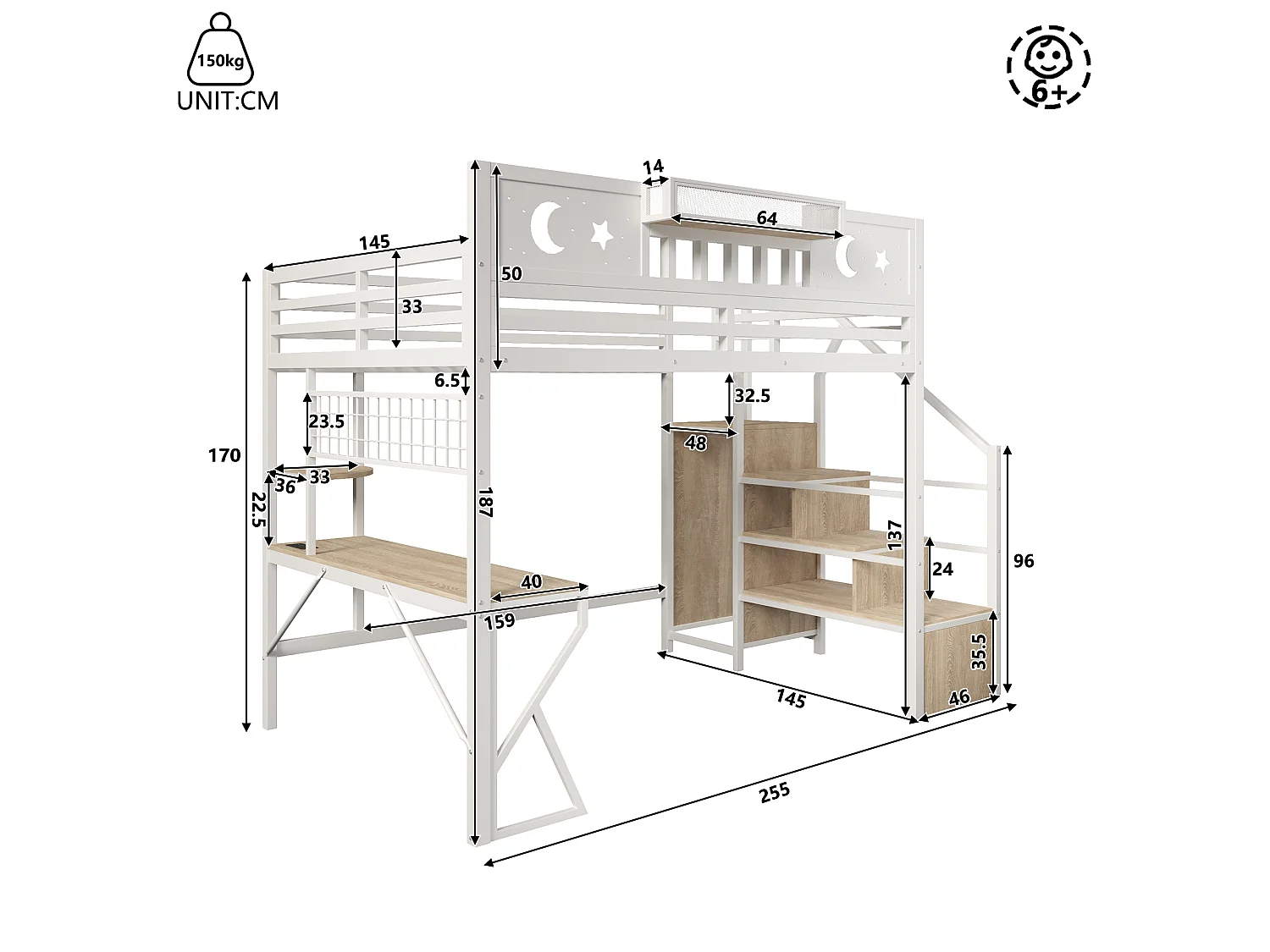 Lit mezzanine 140 x 200 cm avec bureau, panneau perforé, étagères – Métal et MDF – LED + USB –  Blanc (Sans matelas)