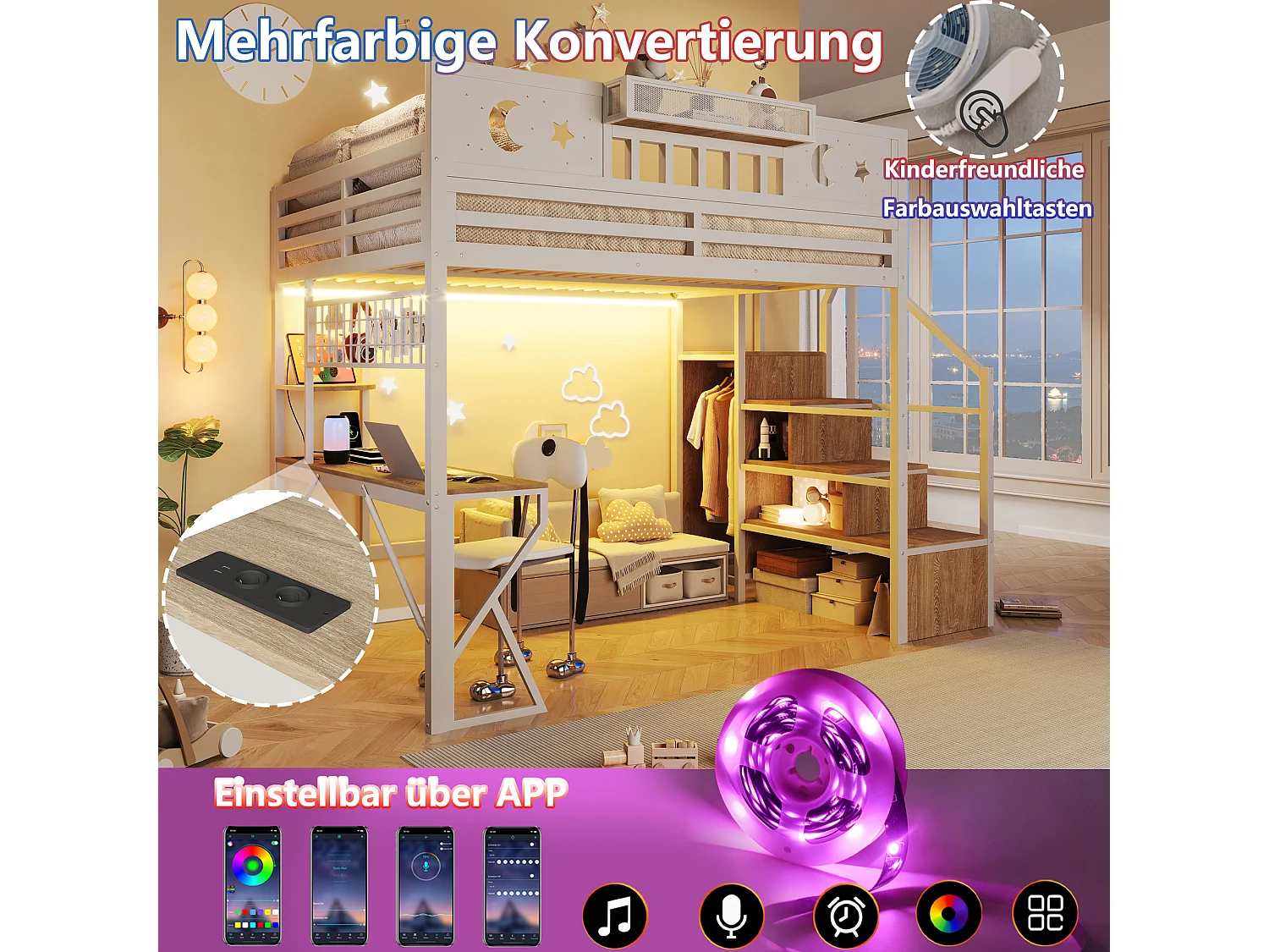 Lit mezzanine 140 x 200 cm avec bureau, panneau perforé, étagères – Métal et MDF – LED + USB –  Blanc (Sans matelas)