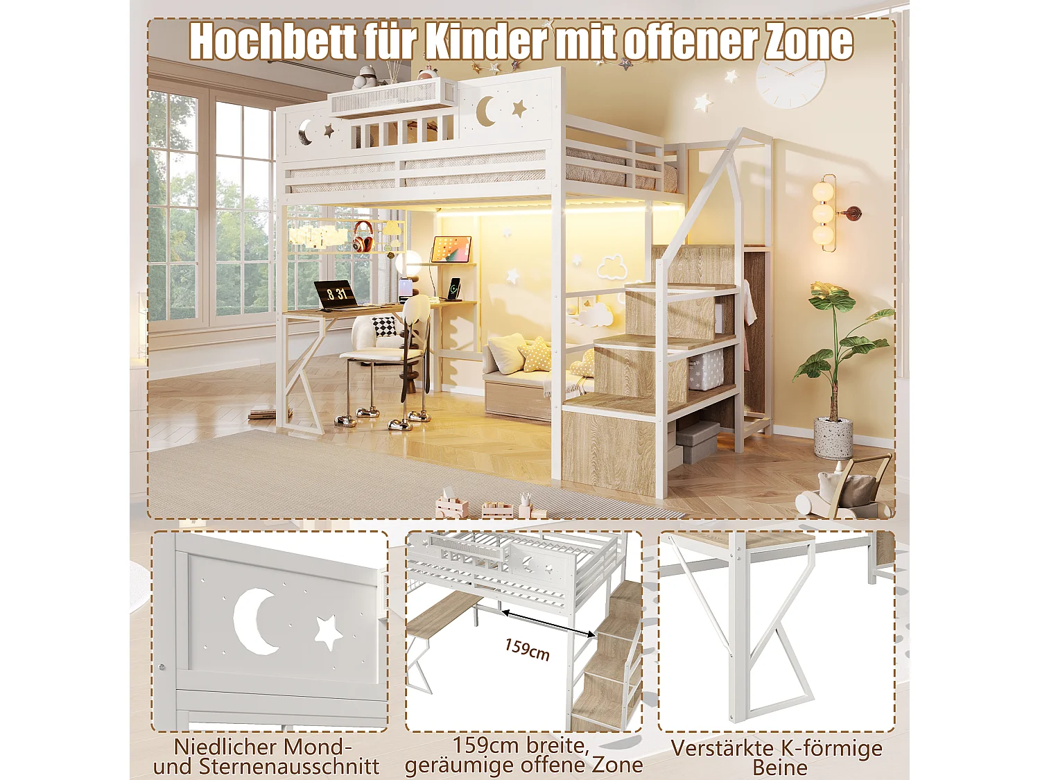 Lit mezzanine 140 x 200 cm avec bureau, panneau perforé, étagères – Métal et MDF – LED + USB –  Blanc (Sans matelas)