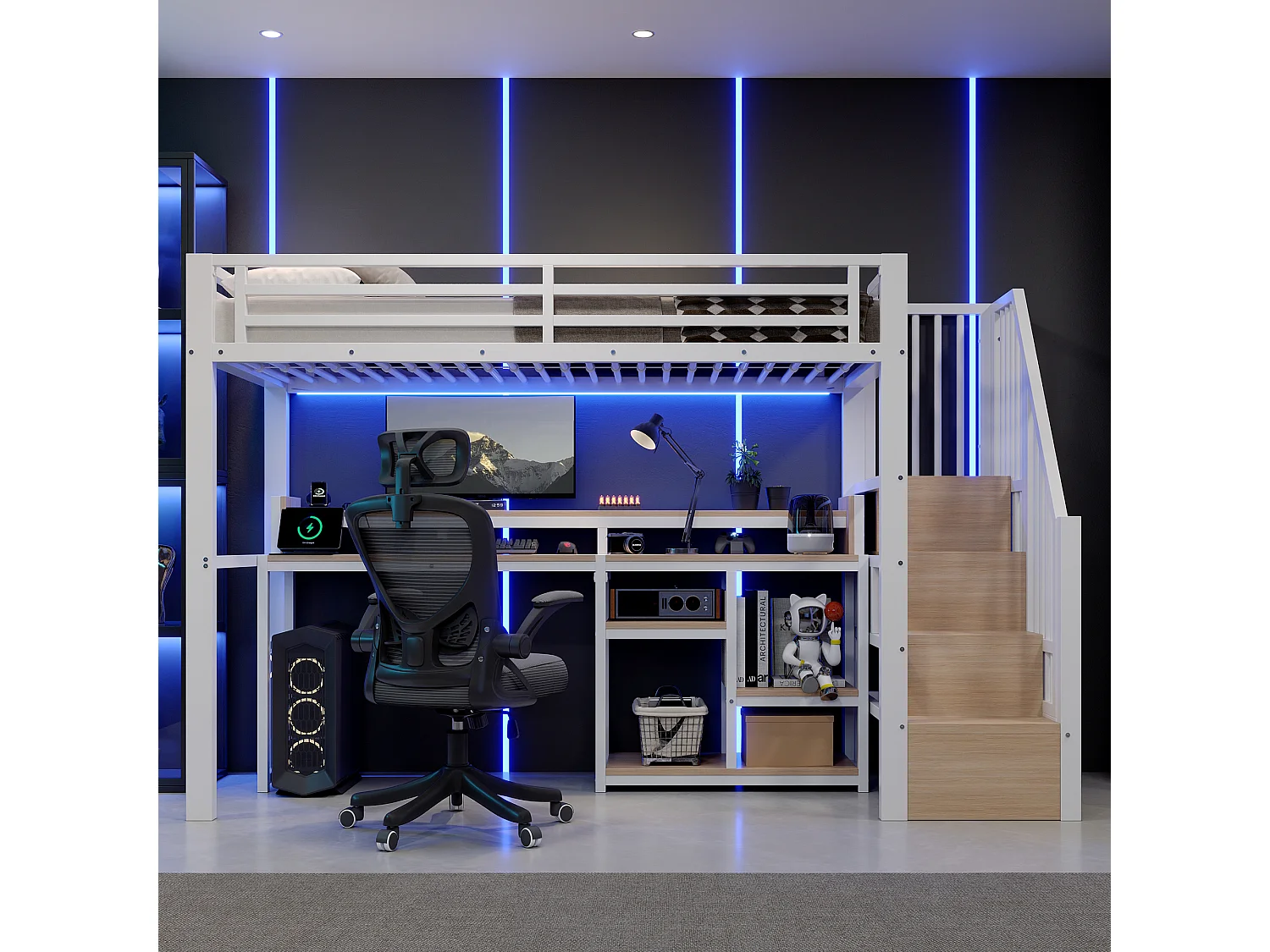 Lit mezzanine 90 x 200 cm  - Avec compartiments de rangement - Avec ports USB + Type-C - Avec bande lumineuse LED - blanc (matelas non inclus)