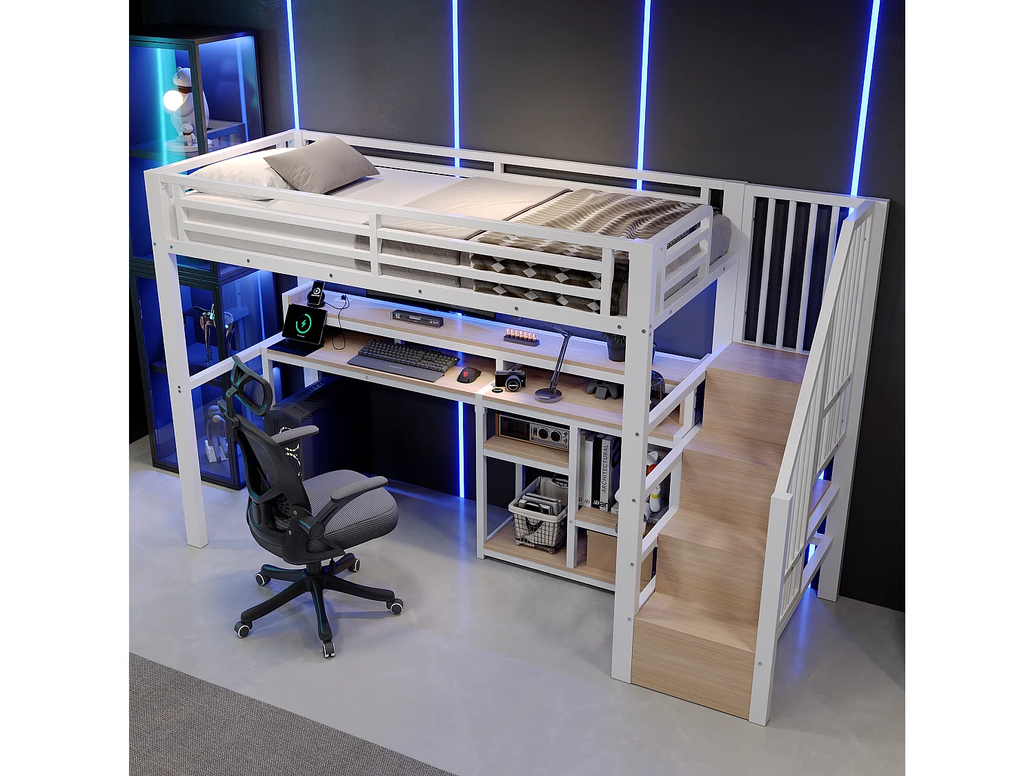 Lit mezzanine 90 x 200 cm  - Avec compartiments de rangement - Avec ports USB + Type-C - Avec bande lumineuse LED - blanc (matelas non inclus)