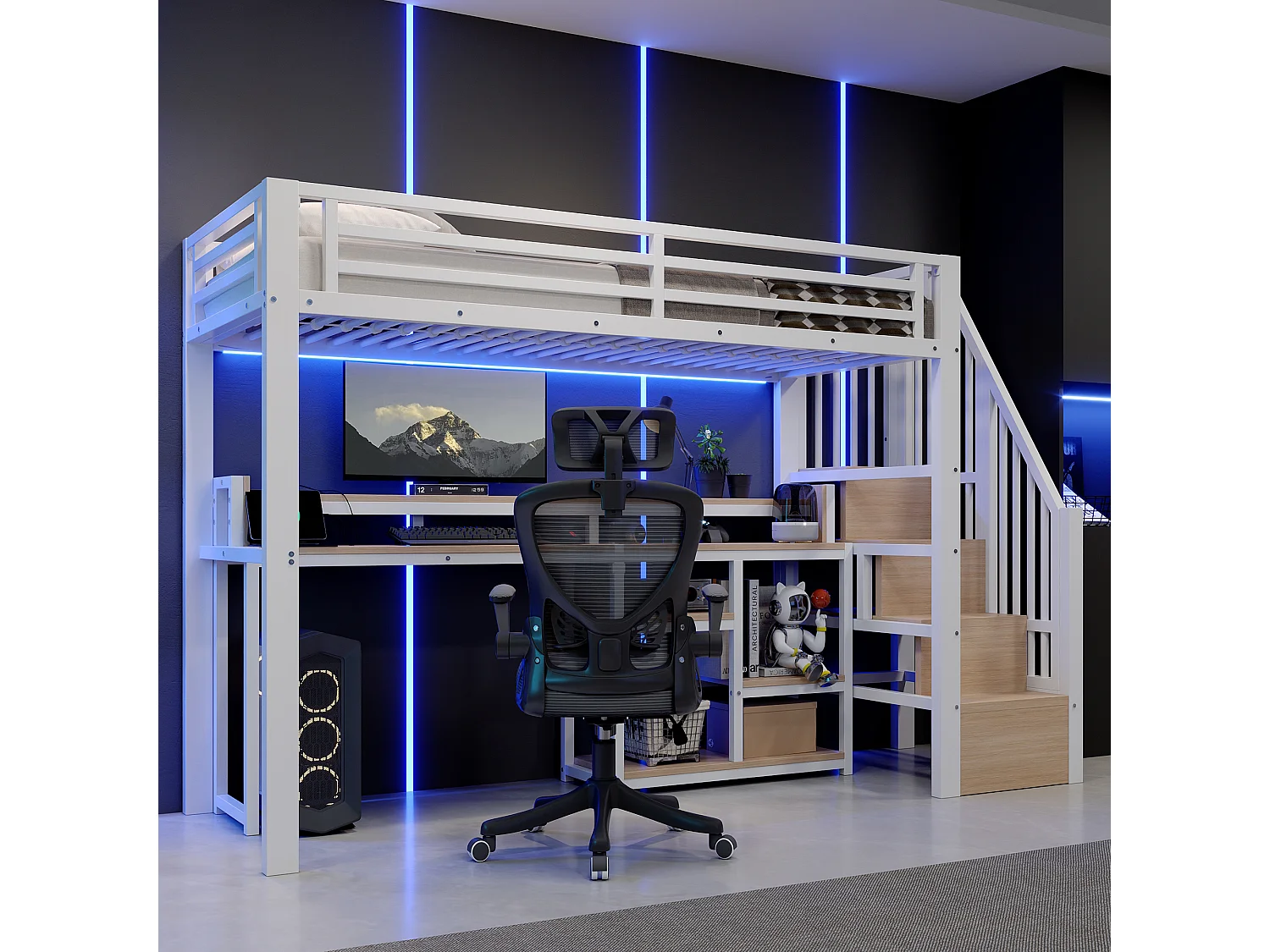 Lit mezzanine 90 x 200 cm  - Avec compartiments de rangement - Avec ports USB + Type-C - Avec bande lumineuse LED - blanc (matelas non inclus)