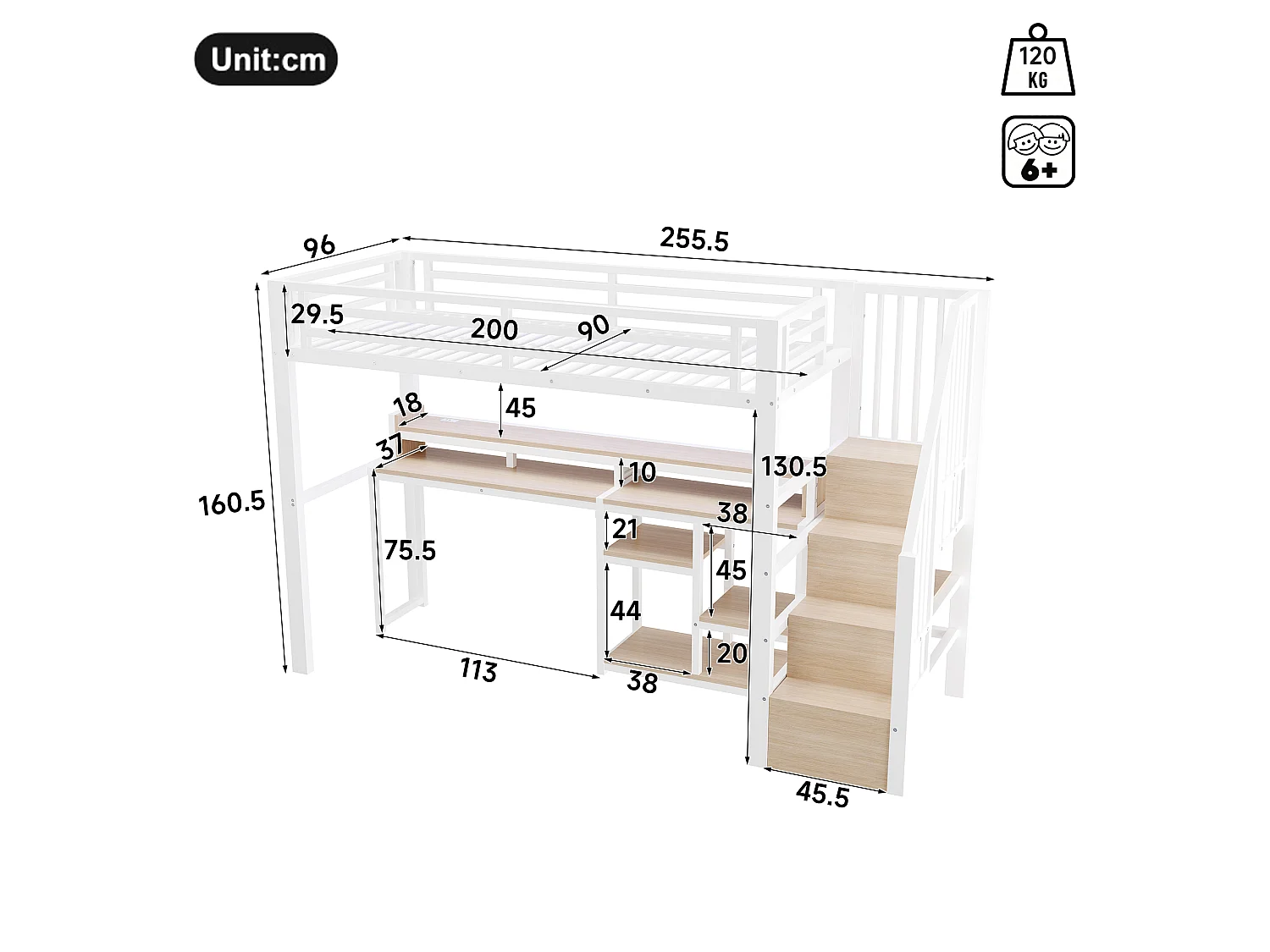 Lit mezzanine 90 x 200 cm  - Avec compartiments de rangement - Avec ports USB + Type-C - Avec bande lumineuse LED - blanc (matelas non inclus)