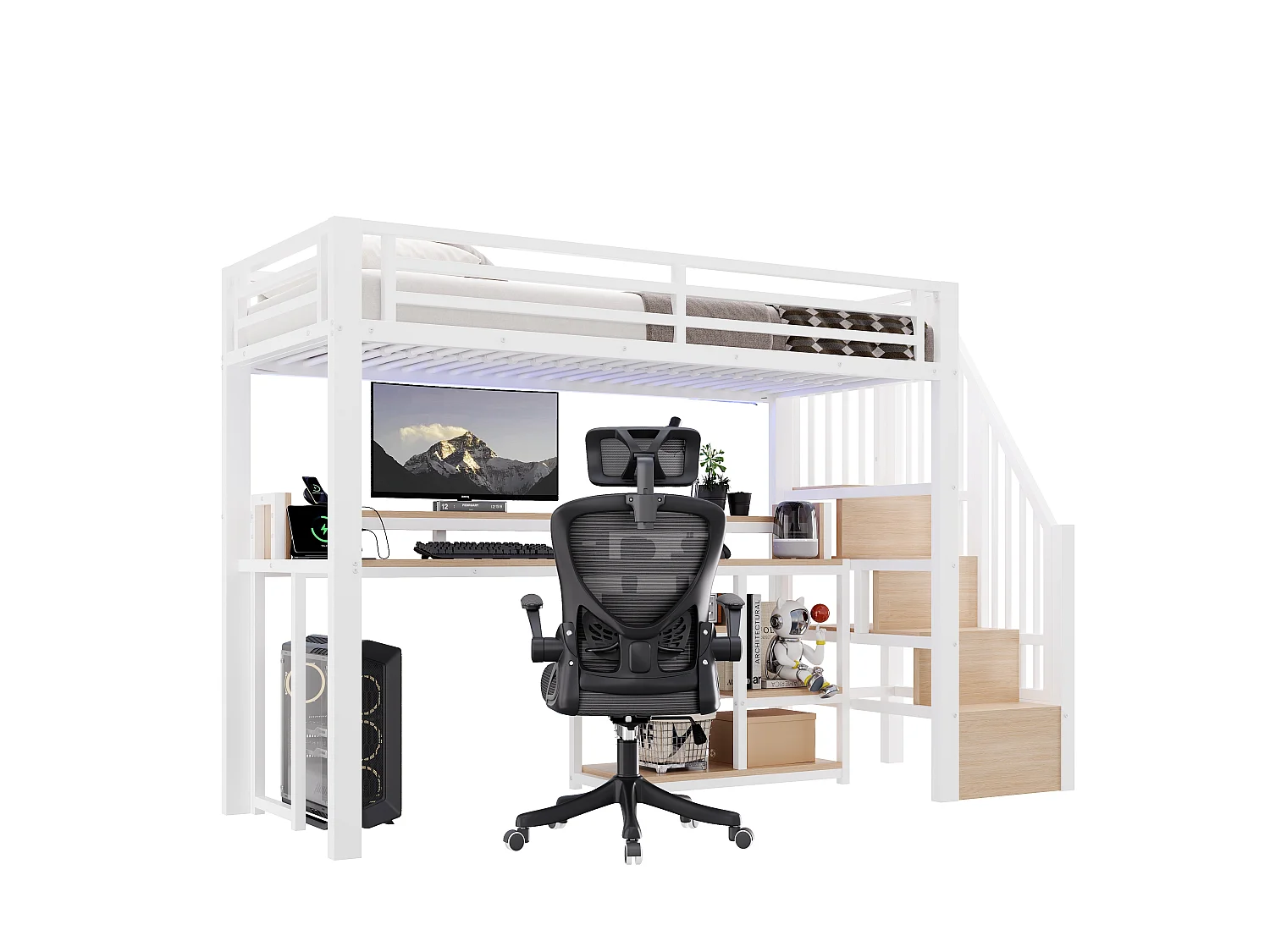 Lit mezzanine 90 x 200 cm  - Avec compartiments de rangement - Avec ports USB + Type-C - Avec bande lumineuse LED - blanc (matelas non inclus)
