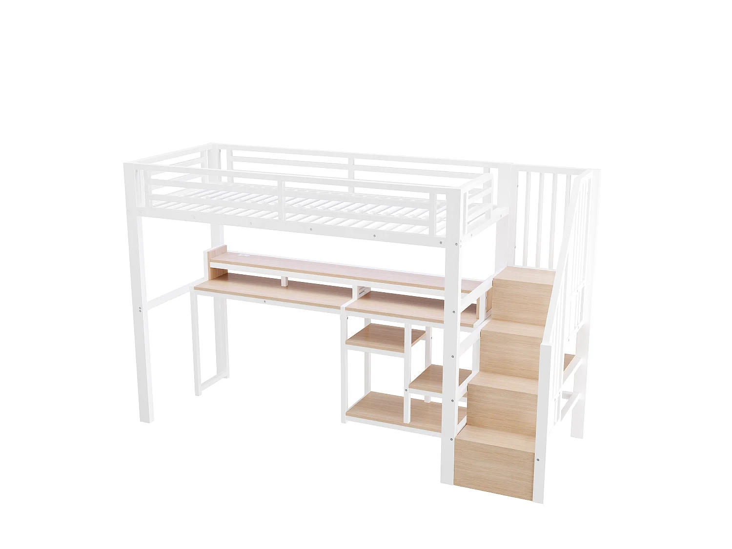 Lit mezzanine 90 x 200 cm  - Avec compartiments de rangement - Avec ports USB + Type-C - Avec bande lumineuse LED - blanc (matelas non inclus)