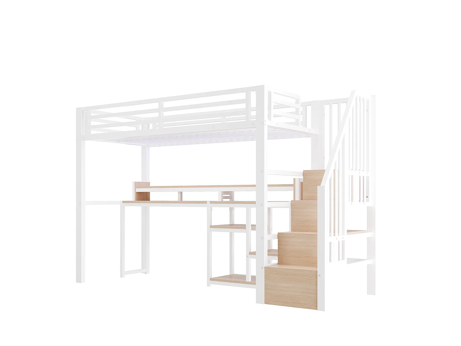Lit mezzanine 90 x 200 cm  - Avec compartiments de rangement - Avec ports USB + Type-C - Avec bande lumineuse LED - blanc (matelas non inclus)