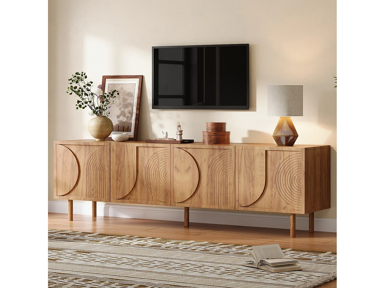 Meuble TV moderne 180×38×56,5 cm - 4 portes et 2 compartiments de rangement - Convient aux TV jusqu'à 75 pouces - Naturel
