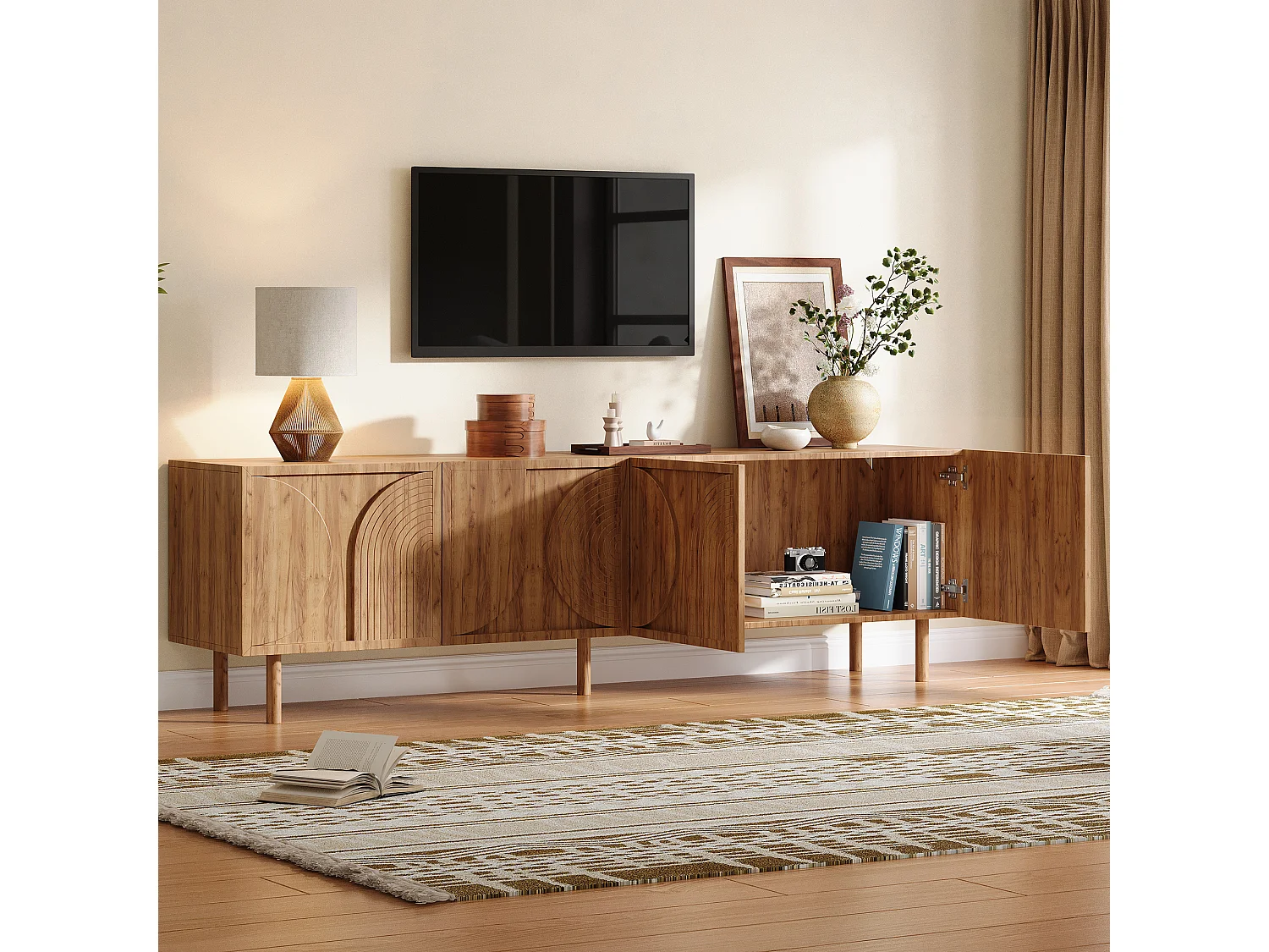 Meuble TV moderne 180×38×56,5 cm - 4 portes et 2 compartiments de rangement - Convient aux TV jusqu'à 75 pouces - Naturel
