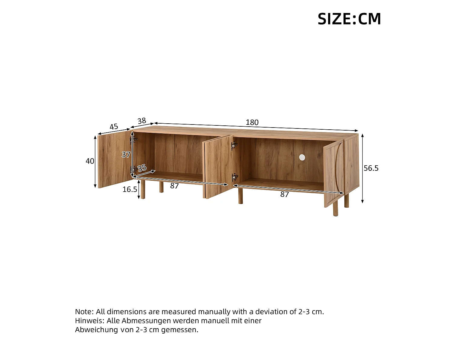 Meuble TV moderne 180×38×56,5 cm - 4 portes et 2 compartiments de rangement - Convient aux TV jusqu'à 75 pouces - Naturel