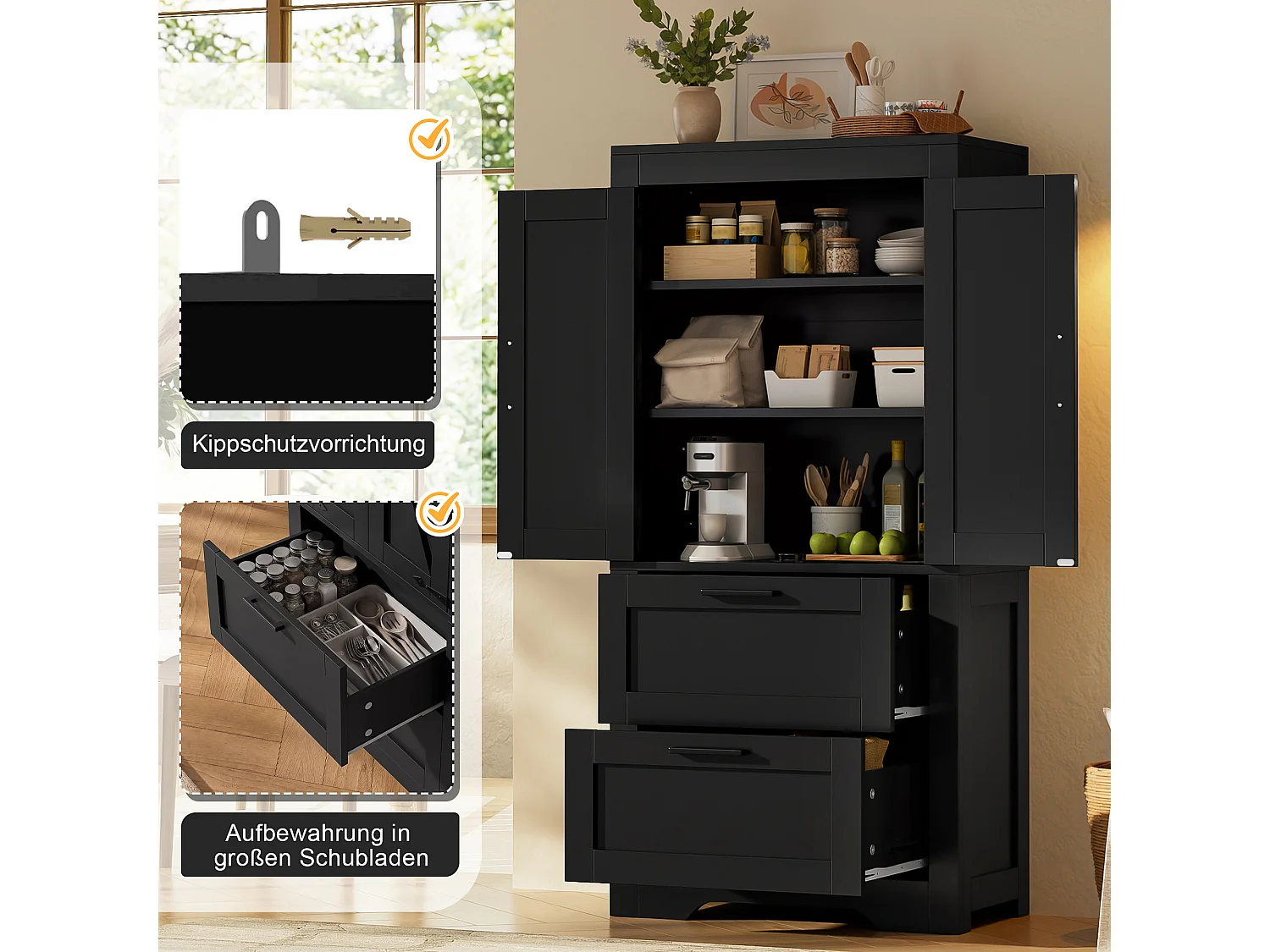 Buffet de cuisine 60x30x128cm - avec 2 portes et 2 tiroirs - étagère réglable - style campagnard - Noir
