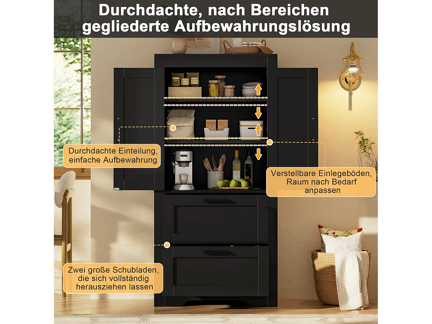Buffet de cuisine 60x30x128cm - avec 2 portes et 2 tiroirs - étagère réglable - style campagnard - Noir
