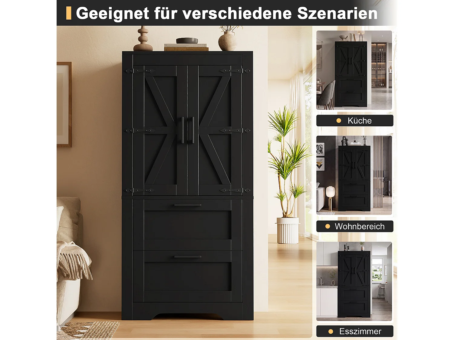 Buffet de cuisine 60x30x128cm - avec 2 portes et 2 tiroirs - étagère réglable - style campagnard - Noir