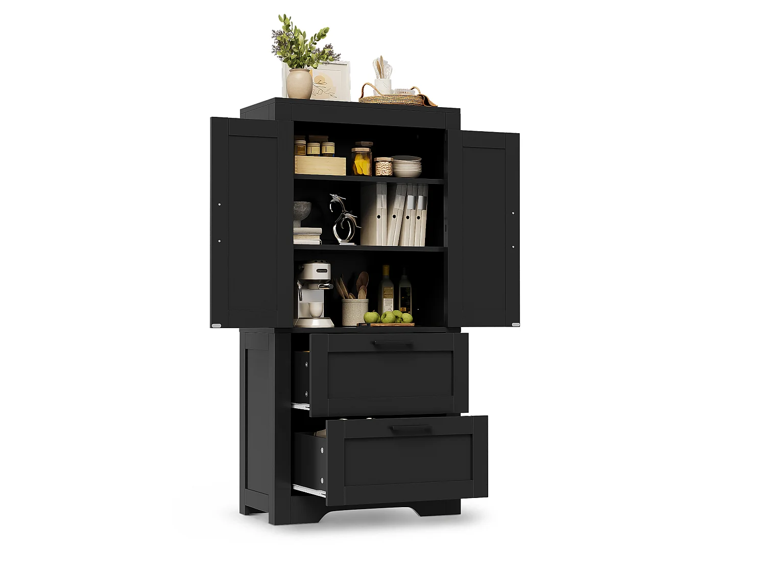 Buffet de cuisine 60x30x128cm - avec 2 portes et 2 tiroirs - étagère réglable - style campagnard - Noir