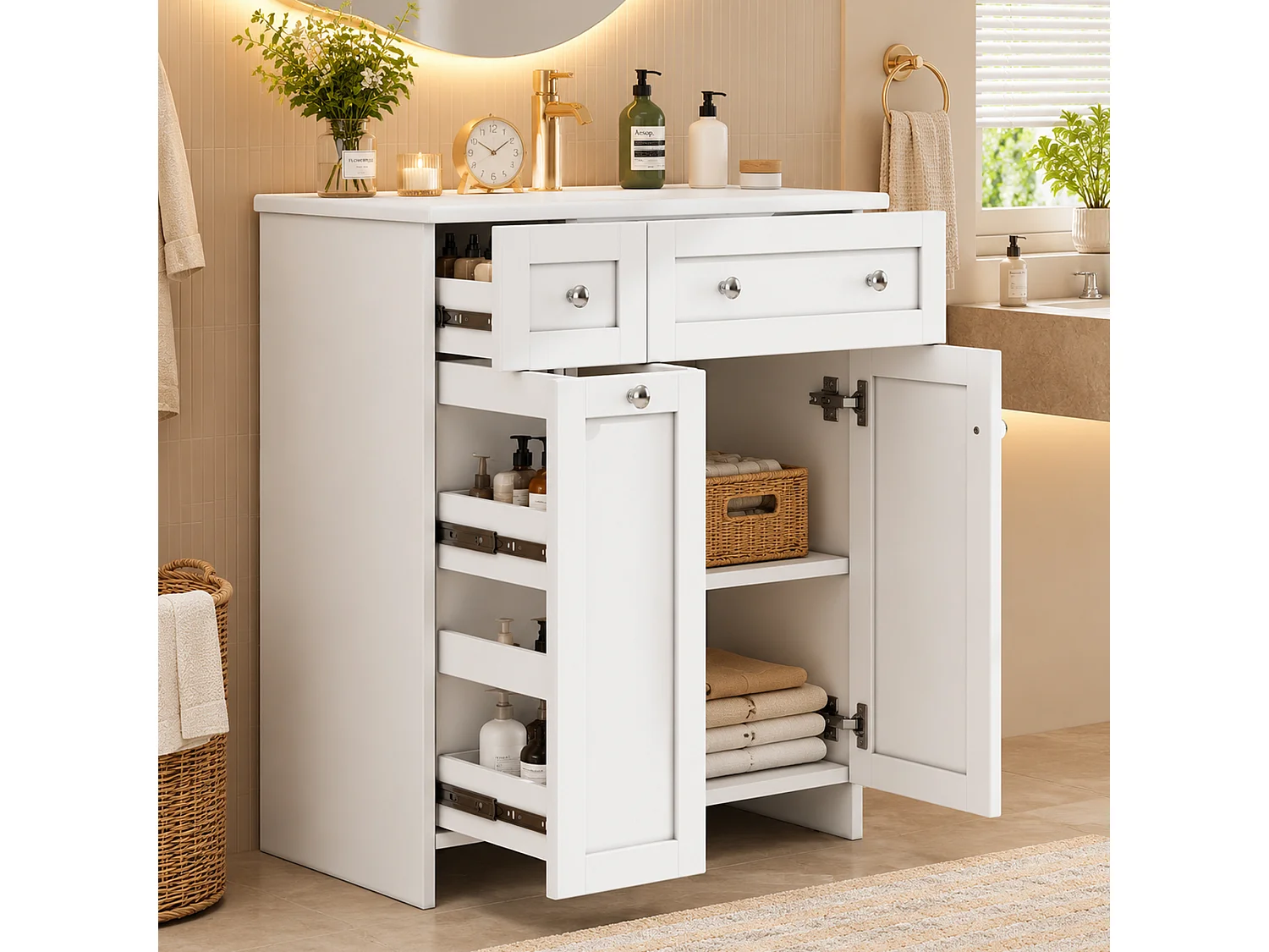 Meuble de salle de bain sous vasque avec lavabo en céramique, 3 tiroirs et 2 portes - MDF et céramique - 76 x 47 x 86 cm - Blanc