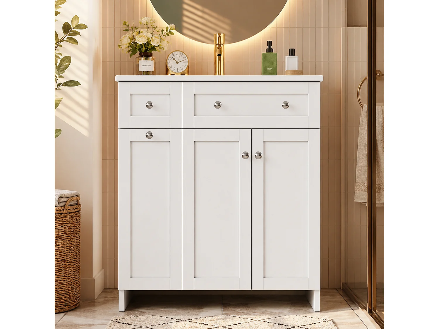 Meuble de salle de bain sous vasque avec lavabo en céramique, 3 tiroirs et 2 portes - MDF et céramique - 76 x 47 x 86 cm - Blanc