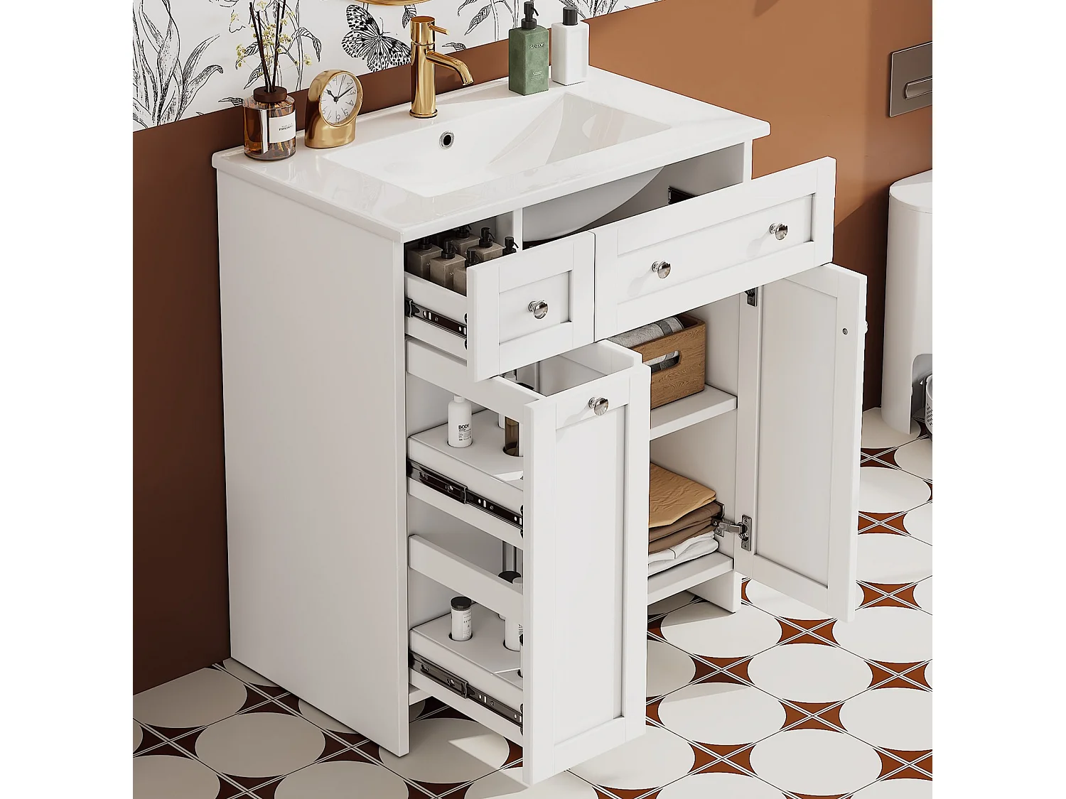 Meuble de salle de bain sous vasque avec lavabo en céramique, 3 tiroirs et 2 portes - MDF et céramique - 76 x 47 x 86 cm - Blanc