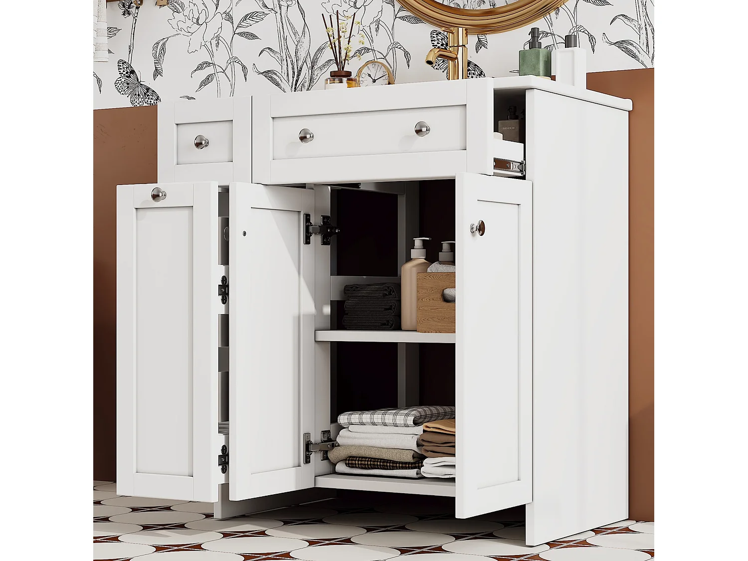 Meuble de salle de bain sous vasque avec lavabo en céramique, 3 tiroirs et 2 portes - MDF et céramique - 76 x 47 x 86 cm - Blanc