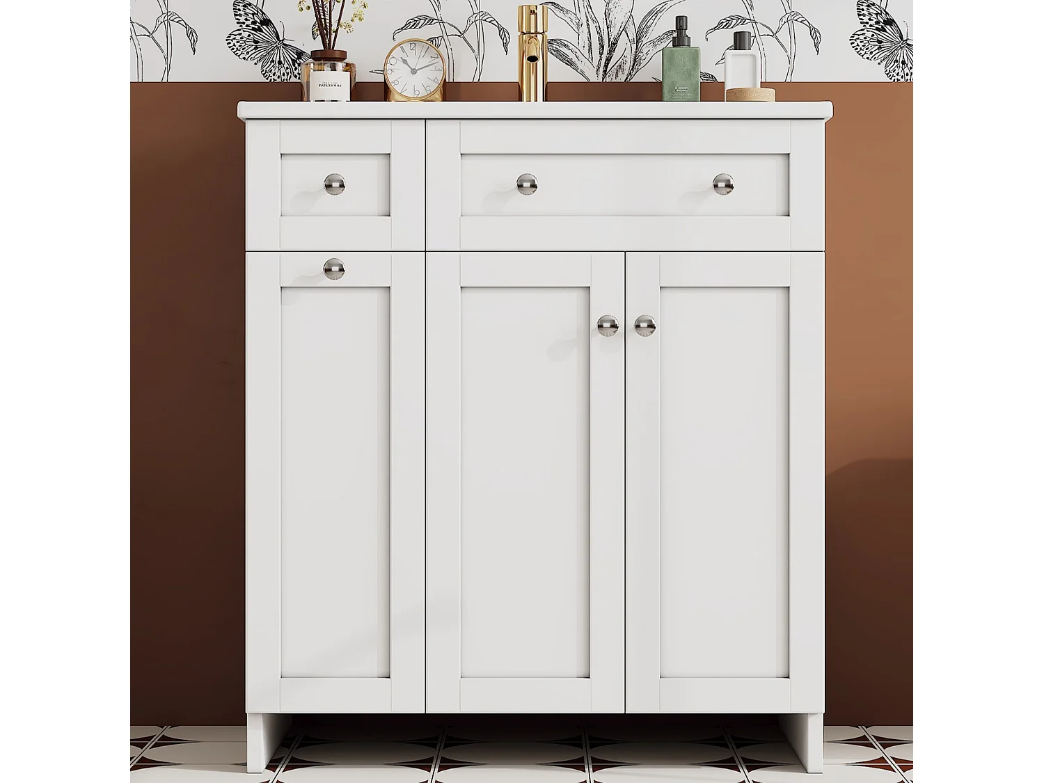 Meuble de salle de bain sous vasque avec lavabo en céramique, 3 tiroirs et 2 portes - MDF et céramique - 76 x 47 x 86 cm - Blanc