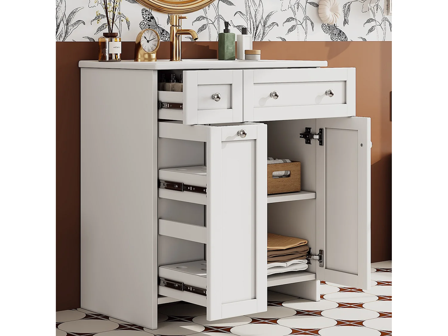 Meuble de salle de bain sous vasque avec lavabo en céramique, 3 tiroirs et 2 portes - MDF et céramique - 76 x 47 x 86 cm - Blanc