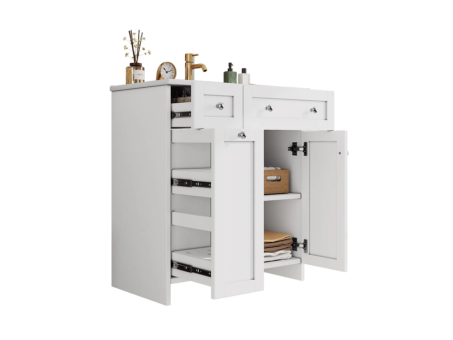 Meuble de salle de bain sous vasque avec lavabo en céramique, 3 tiroirs et 2 portes - MDF et céramique - 76 x 47 x 86 cm - Blanc