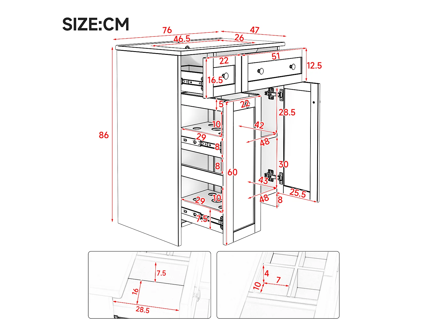 Meuble de salle de bain sous vasque avec lavabo en céramique, 3 tiroirs et 2 portes - MDF et céramique - 76 x 47 x 86 cm - Blanc
