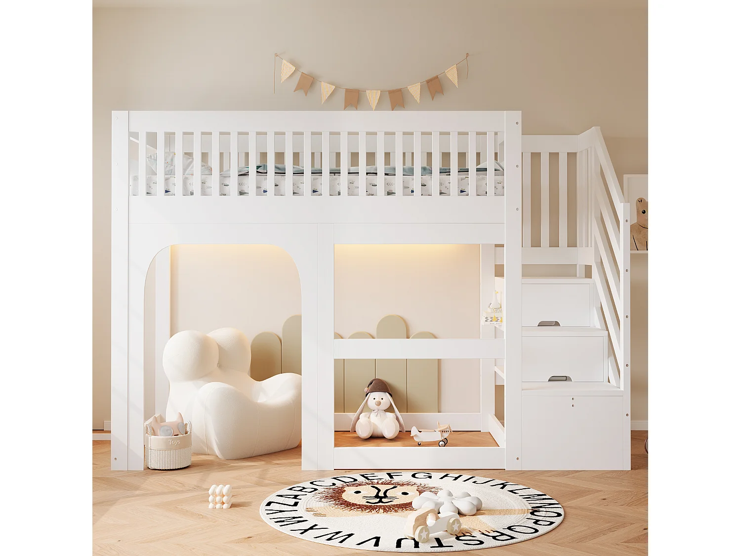 Lit mezzanine enfant 90 x 200 cm - avec échelle - avec éclairage LED - avec barrières de sécurité - blanc (matelas non inclus)