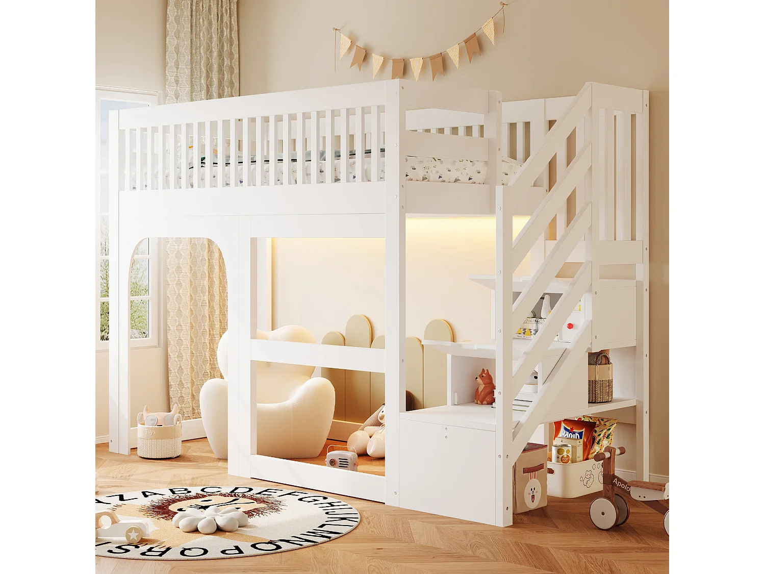 Lit mezzanine enfant 90 x 200 cm - avec échelle - avec éclairage LED - avec barrières de sécurité - blanc (matelas non inclus)