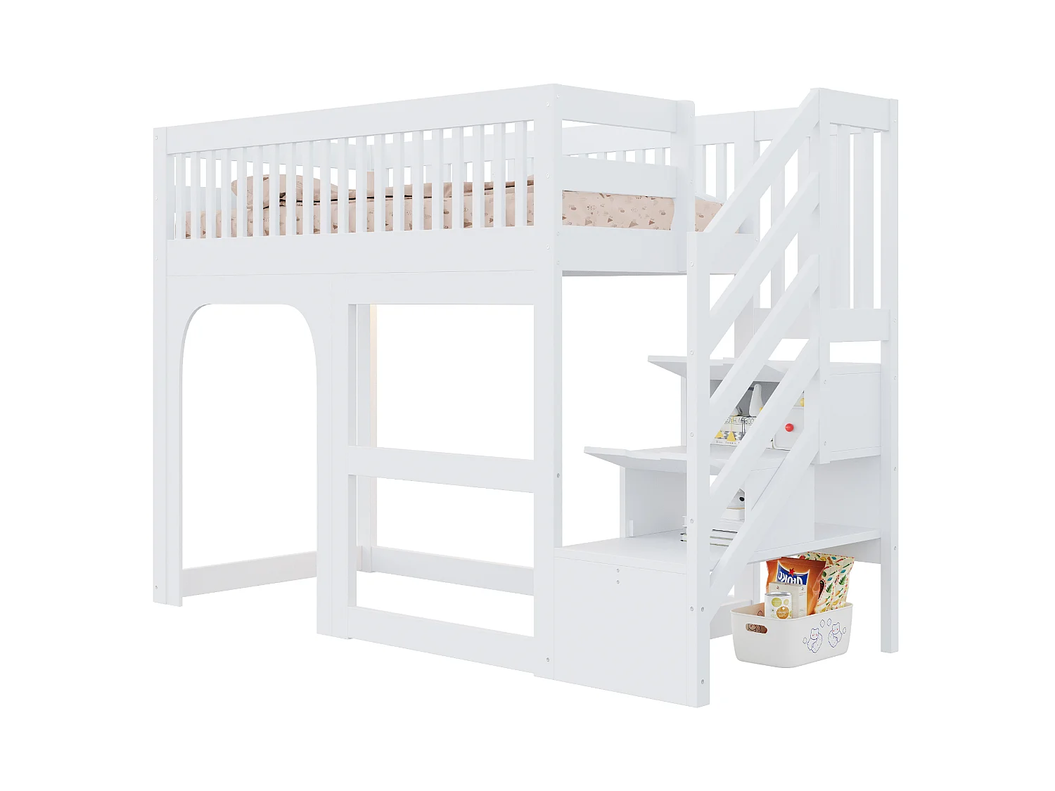 Lit mezzanine enfant 90 x 200 cm - avec échelle - avec éclairage LED - avec barrières de sécurité - blanc (matelas non inclus)