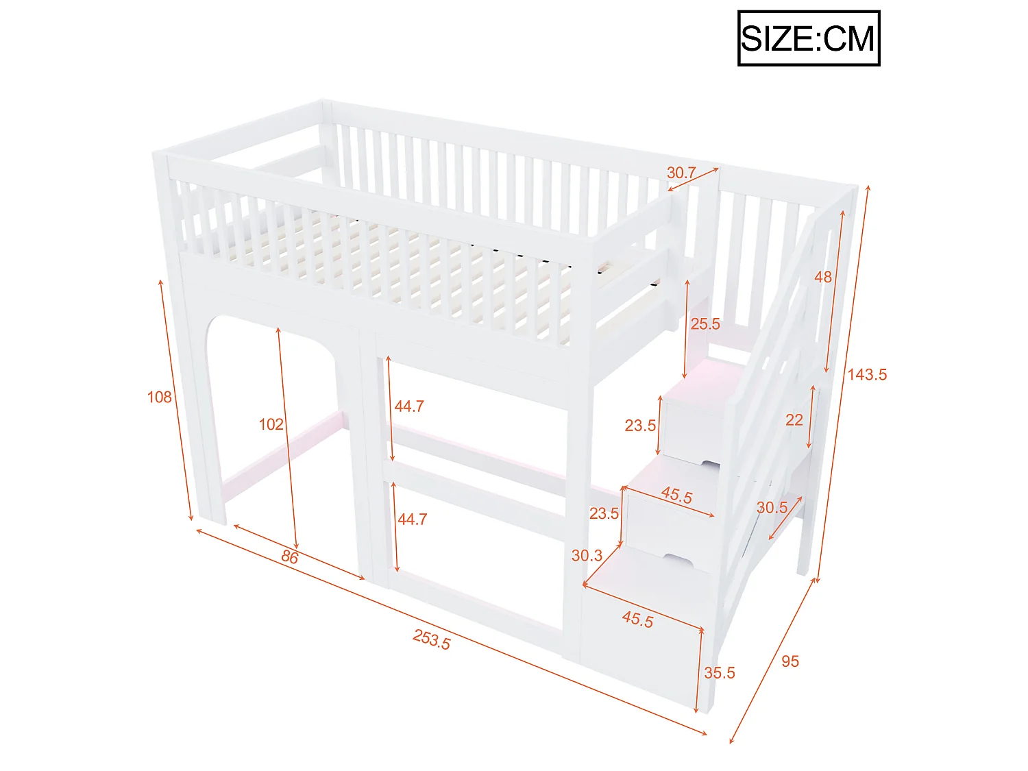 Lit mezzanine enfant 90 x 200 cm - avec échelle - avec éclairage LED - avec barrières de sécurité - blanc (matelas non inclus)