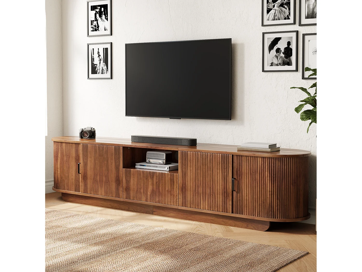 Meuble TV 200x40x50 cm avec portes coulissantes - 4 portes, 1 tiroir et étagères ouvertes - Structure ondulée 3D - Marron
