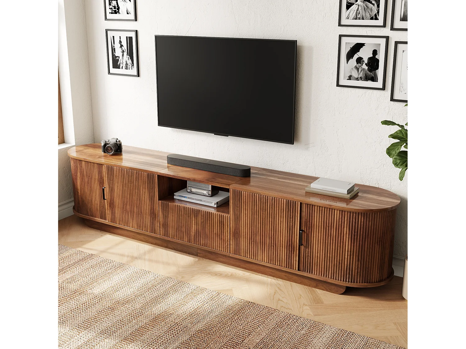 Meuble TV 200x40x50 cm avec portes coulissantes - 4 portes, 1 tiroir et étagères ouvertes - Structure ondulée 3D - Marron