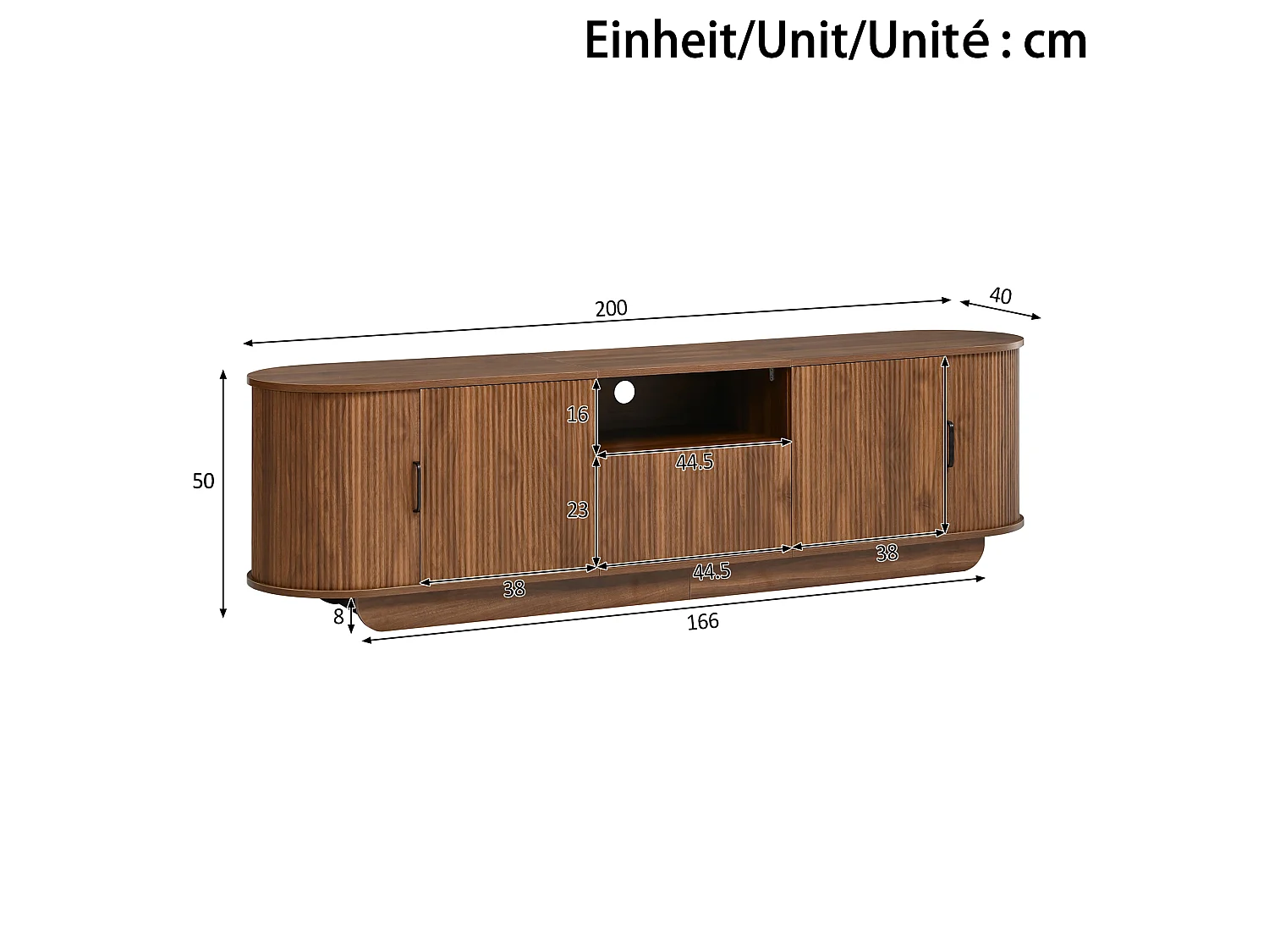 Meuble TV 200x40x50 cm avec portes coulissantes - 4 portes, 1 tiroir et étagères ouvertes - Structure ondulée 3D - Marron