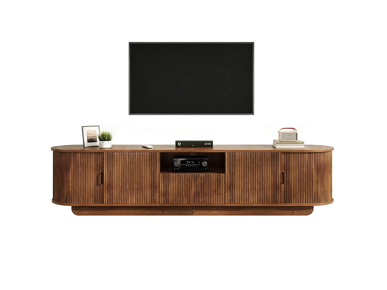 Meuble TV 200x40x50 cm avec portes coulissantes - 4 portes, 1 tiroir et étagères ouvertes - Structure ondulée 3D - Marron