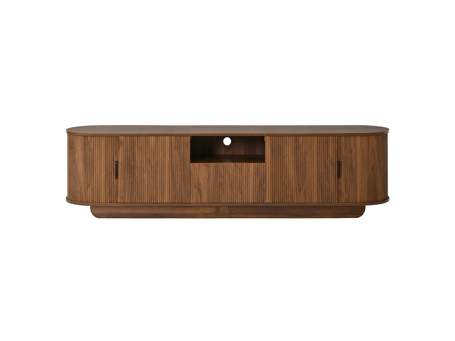 Meuble TV 200x40x50 cm avec portes coulissantes - 4 portes, 1 tiroir et étagères ouvertes - Structure ondulée 3D - Marron