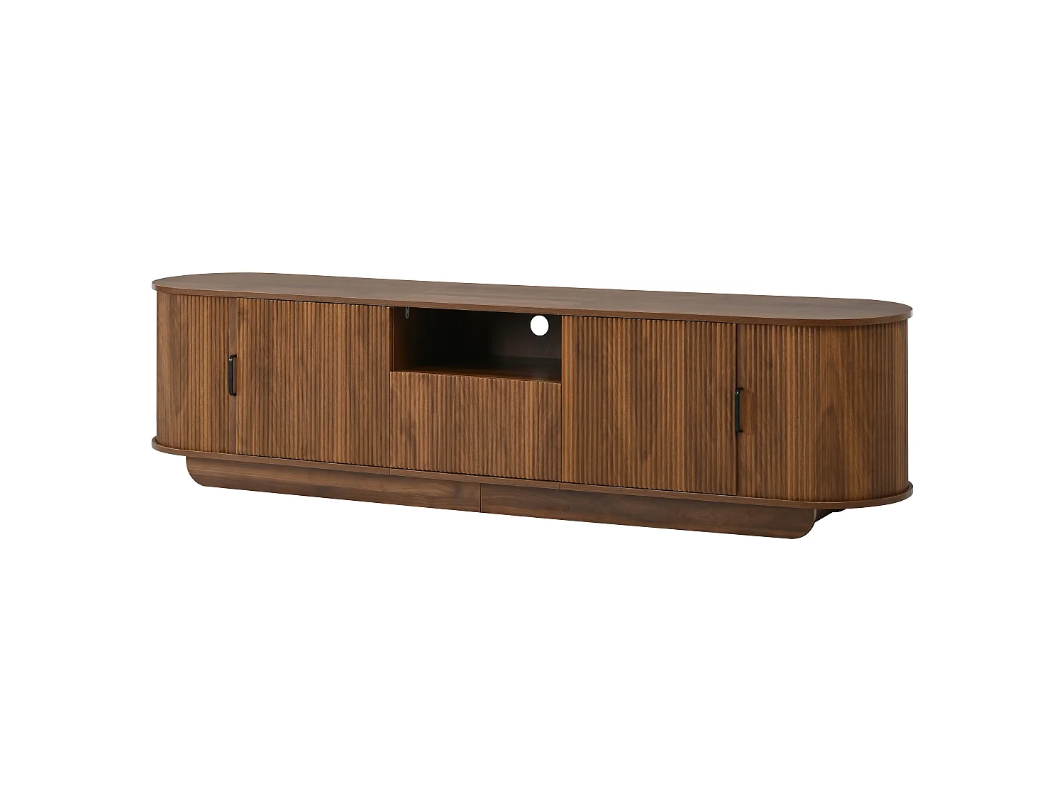 Meuble TV 200x40x50 cm avec portes coulissantes - 4 portes, 1 tiroir et étagères ouvertes - Structure ondulée 3D - Marron
