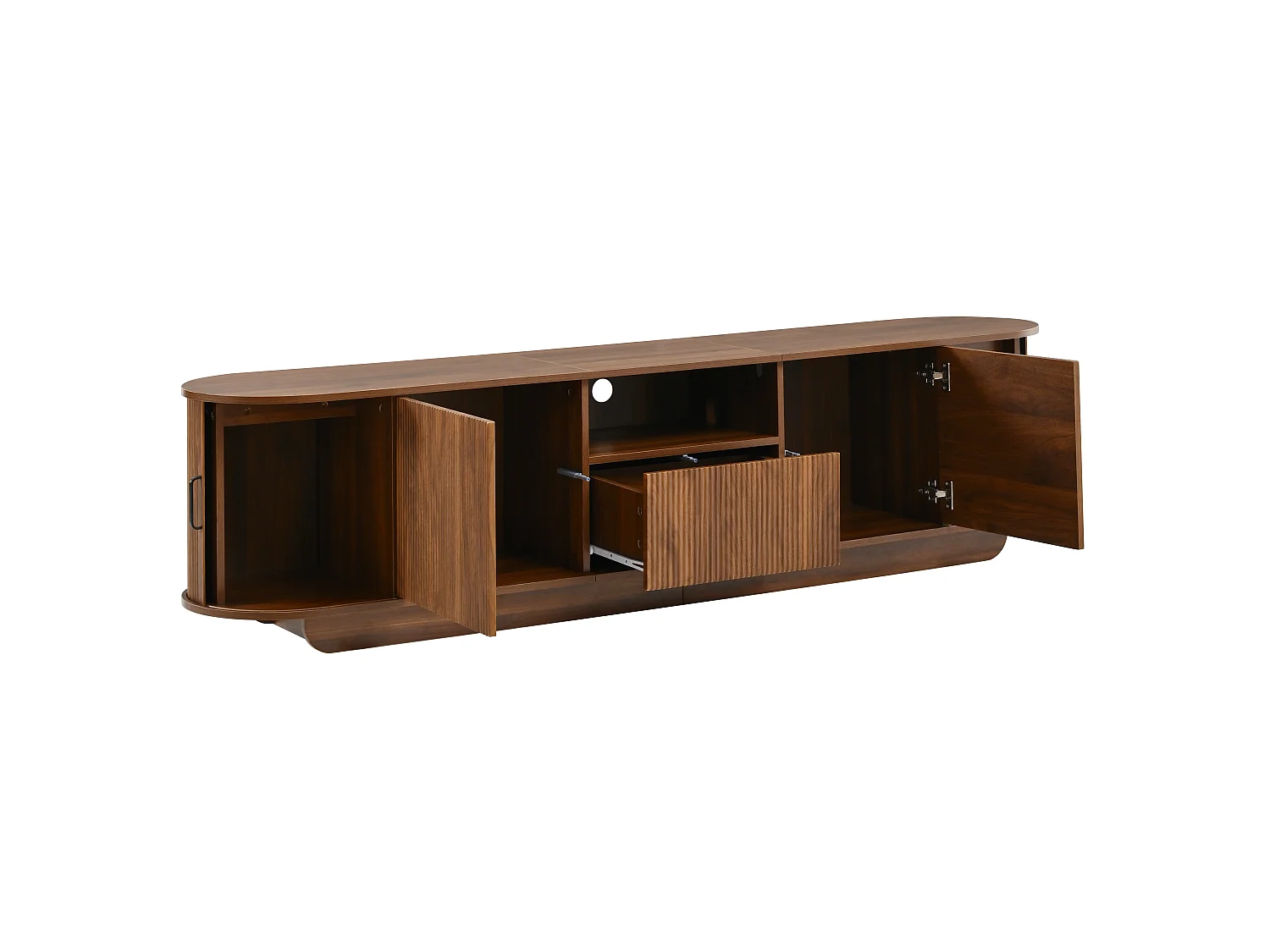 Meuble TV 200x40x50 cm avec portes coulissantes - 4 portes, 1 tiroir et étagères ouvertes - Structure ondulée 3D - Marron