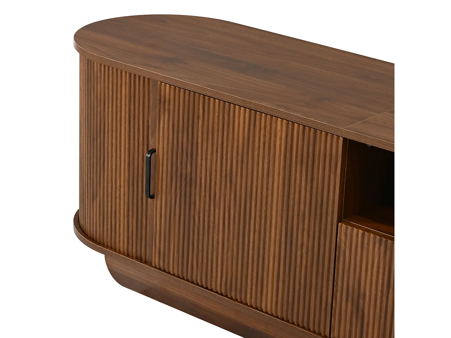 Meuble TV 200x40x50 cm avec portes coulissantes - 4 portes, 1 tiroir et étagères ouvertes - Structure ondulée 3D - Marron