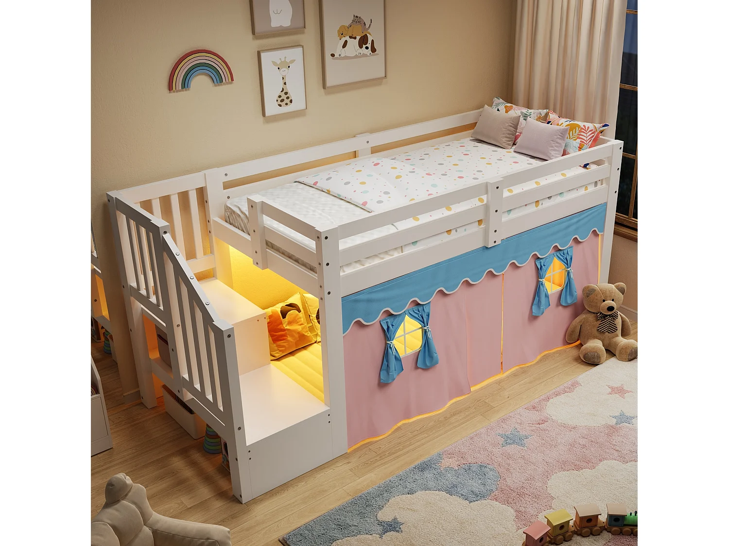 Lit enfant 90 x 200 cm - avec bande lumineuse LED - compartiments de rangement - blanc (matelas non inclus)