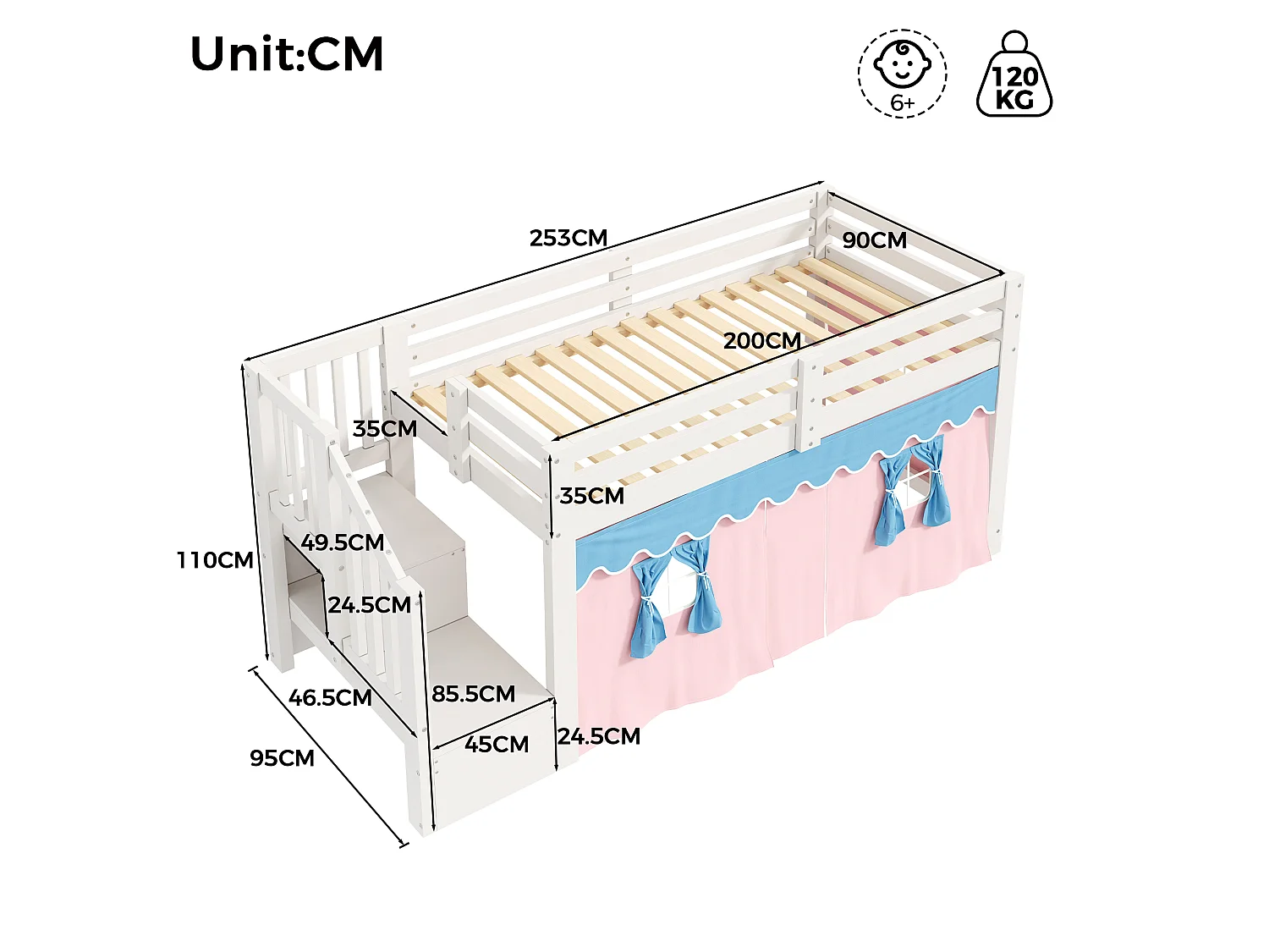 Lit enfant 90 x 200 cm - avec bande lumineuse LED - compartiments de rangement - blanc (matelas non inclus)